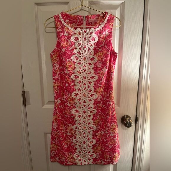 Lilly Pulitzer Pink Floral Mini Dress with White Lace - Picture 3 of 6
